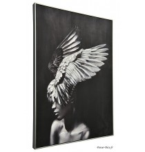 Tableau femme, aile, noir et blanc, 100x70, cadre argent