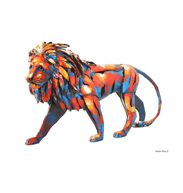 Sculpture lion marchant, coloré, Pigment