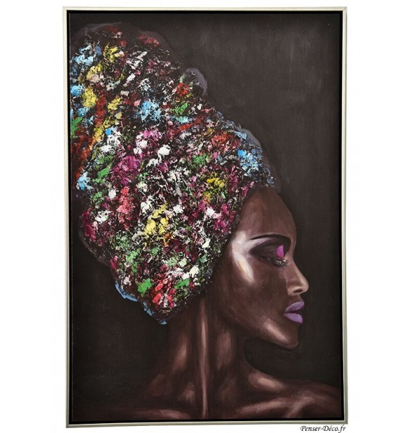 Tableau femme, Coiffe colorée, 60x90, cadre argent, Socadis