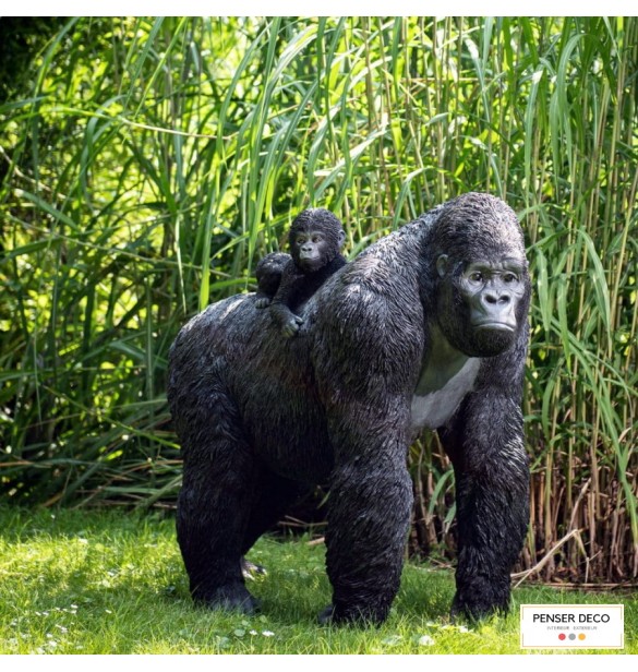 Gorille XXL avec son bébé, Résine, H.106 cm
