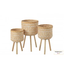 Lot de 3 paniers rond en roseau sur pied