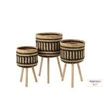 Lot de 3 paniers rond sur pied en roseau Noir