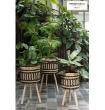 Lot de 3 paniers rond sur pied en roseau Noir