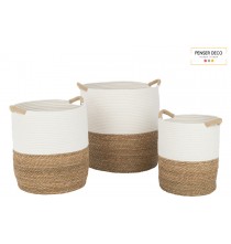 Set de 3 paniers ronds + Anses, Osier blanc et naturel