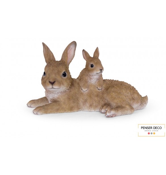 Maman lapin et son bébé, Résine, L.27 cm, croix chatelain, animal réaliste extérieur