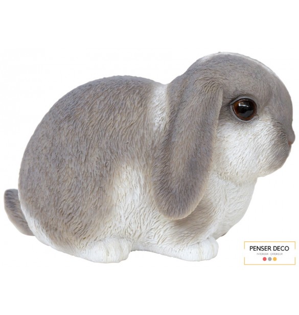 Bébé Lapin Gris, Résine, L.16,5 cm, croix chatelain, animal extérieur, réaliste