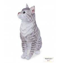 Chat Gris Tigré, Résine, H.36 cm, croix chatelain, Animal extérieur réaliste