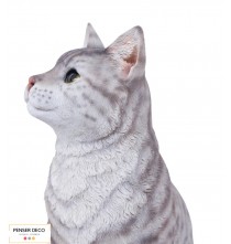 Chat Gris Tigré, Résine, H.36 cm, croix chatelain, Animal extérieur réaliste