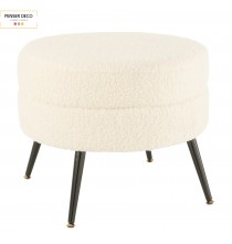 Pouf Rond Blanc, Laine Bouclé, Ø.52 cm, assise moumoute