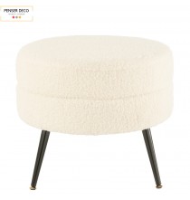 Pouf Rond Blanc, Laine Bouclé, Ø.52 cm, assise moumoute