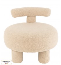 Pouf Rond Dossier beige, Laine Bouclé, Ø.52 cm, fauteuil moumoute