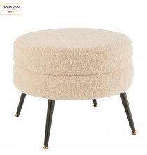 Pouf Rond Beige, Laine Bouclé, Ø.52 cm, assise moumoute