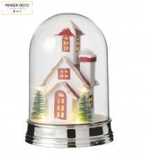 Cloche Hiver Maison Rouge + LED Noël