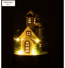 Cloche Hiver Maison Rouge + LED Noël
